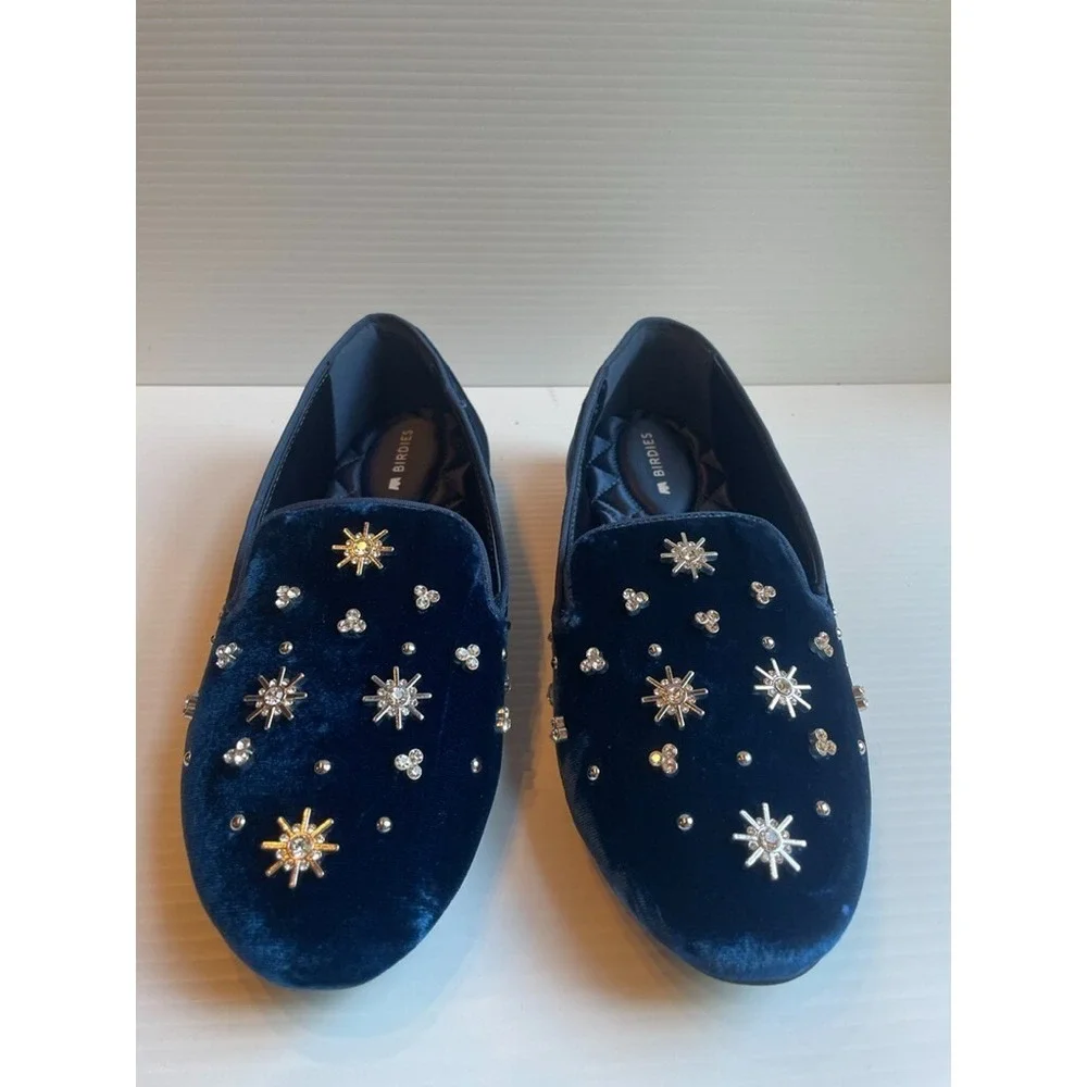 Birdies The Starling Navy Blue Crystal Jewel Velvet Flat Loafers US 5 NWOB RARE
